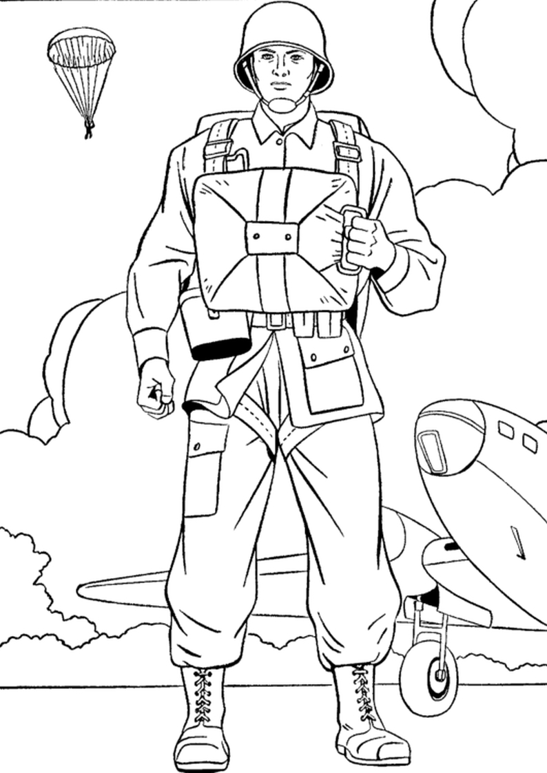 kolorowanka wojsko żołnierz spadochroniarz, gotowy do lotu samolotem, malowanka do wydruku dla chłopców nr 37